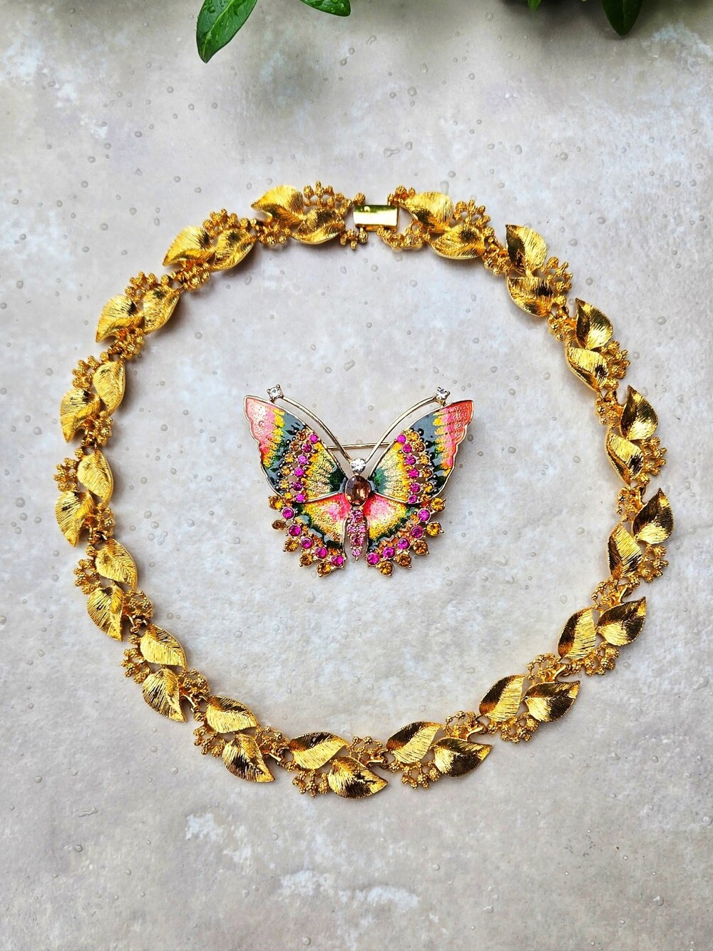 Napier Gold Floral Link Necklace Pink Green Enamel But
